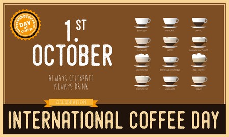 International coffee day Poster with barista cups, 1 st October lettering, the design postcards, restaurant menusのイラスト素材
