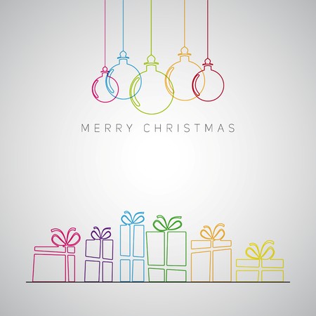 Merry Christmas minimalistic illustration card with decorations and gifts boxes - retro vectorのイラスト素材
