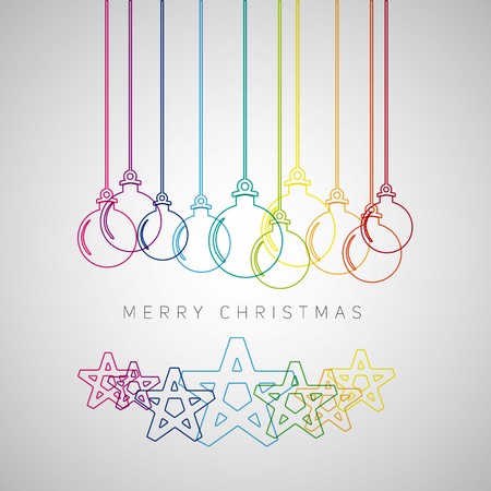 Merry Christmas minimalistic illustration card with decorations and stars - line art retro vectorのイラスト素材