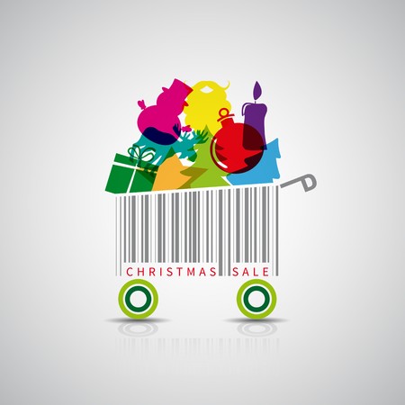 Christmas sale with shopping cart barcode and gifts on it. Sale concept.のイラスト素材