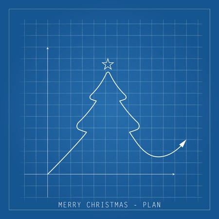 Merry Christmas illustration card. Tree drawing blueprints on a blue backgroundのイラスト素材