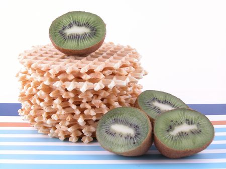 low calorie breakfast - wafers and fresh kiwi fruitsの写真素材