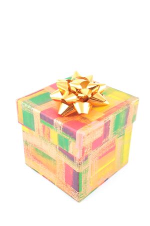 colorful box with golden ribon isolated on whiteの写真素材