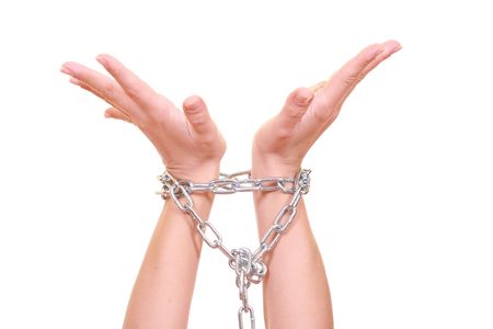two hands with chain isolated on white