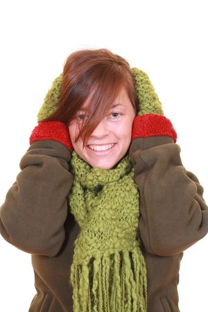 young beautiful woman - winter portrait - isolated on whiteの写真素材