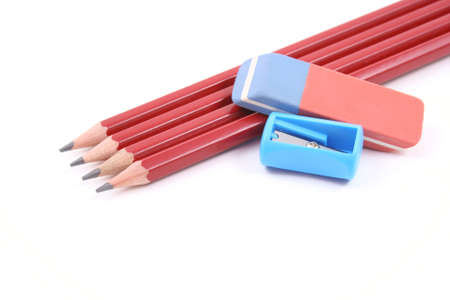 four red pencils isolated on whiteの写真素材
