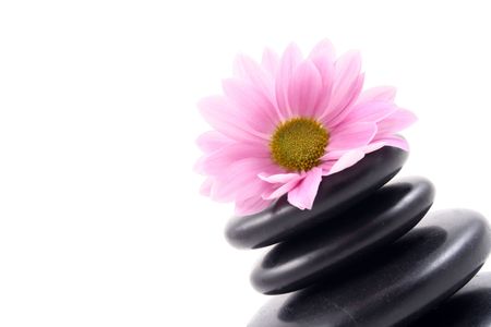 pebbles stack with pink daisy isolated on whiteの写真素材