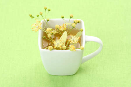 cup of tea and linden flowers on greenの写真素材