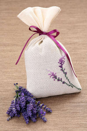 potpourri bag and some fresh lavender flowersの写真素材