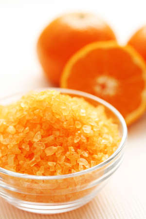 tangerine bath - bath salt and fresh fruitsの写真素材