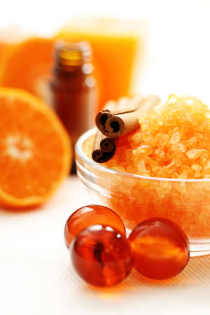 tangerine bath - bath salt and fresh fruitsの写真素材