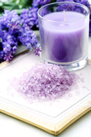 lavender bath salt and some flowers - beauty treatmentの写真素材