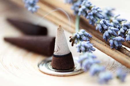 incense cones and lavender flowers - aromatherapyの写真素材