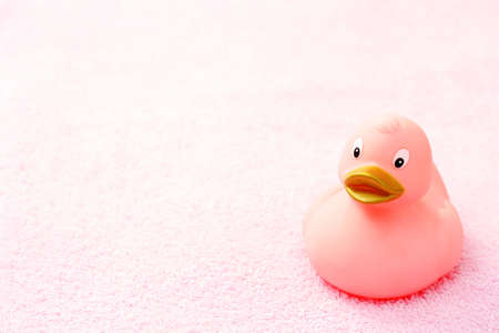 rubber duck on pink towel - body careの写真素材