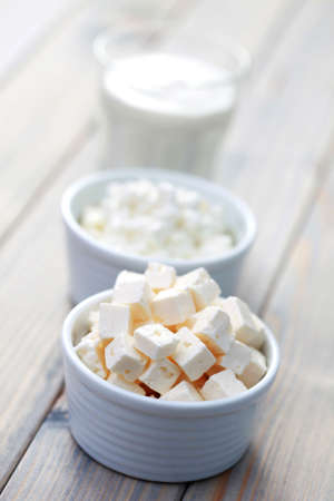 diary products on wooden table - food and drinkの写真素材