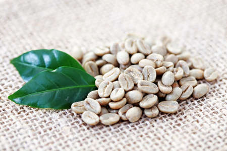 pile of unroasted coffee beans with green leaves - coffee timeの写真素材