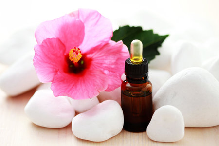 bottle of hibiscus esential oil - beauty treatmentの写真素材