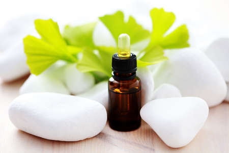 bottle of ginko essential oil with fresh leaves - beauty treatmentの写真素材
