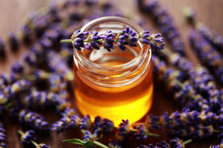 jar of herbal honey with lavender flowers - sweet foodの写真素材