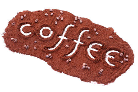 coffee caption with coffee beans on white background - coffee timeの写真素材