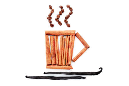 cup of coffee beans with spices on white background - coffee timeの写真素材