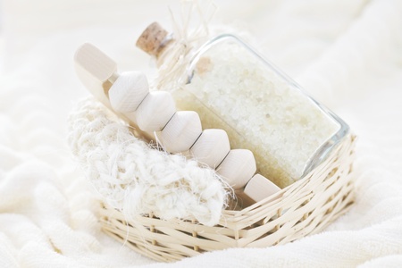 basket with bath salt and towel - beauty treatmentの写真素材