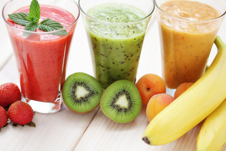 various fruity shakes with fresh fruits - food and drink various fruity shakes with fresh fruits - food and drink