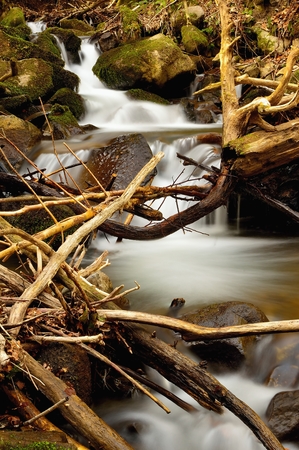 Spring flowing mountain stream waterfall in Slovakiaの写真素材