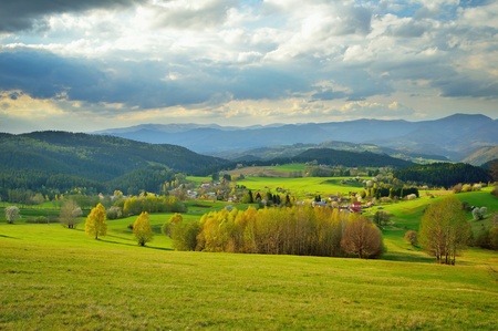 Spring meadows and fields landscape in Slovakiaの写真素材