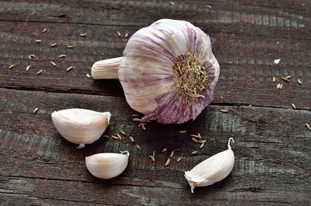 Garlic cloves and garlic bulb on vintage wooden table. Spicy cooking ingredient. Natural herbal medicine vegetable.の写真素材