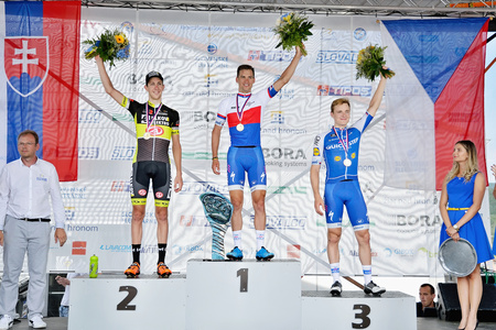 ZIAR NAD HRONOM, SLOVAKIA - JUNE 26, 2017: The Slovak and Czech National road cycling championship. Elite category medail ceremony. Petr Vakoc and Zdenek Stybarのeditorial素材