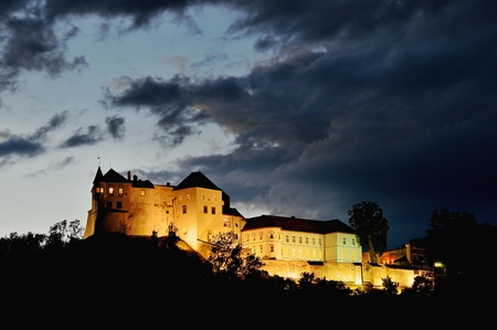 SLOVENSKA LUPCA, SLOVAKIA - AUGUST 12, 2017: Night view of Lupca castle in the middle of Slovakia, near Banska Bystrica. Historical residence after extensive repair.のeditorial素材