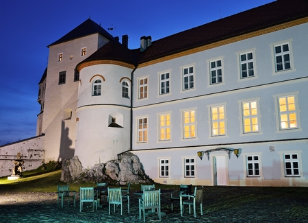 SLOVENSKA LUPCA, SLOVAKIA - AUGUST 12, 2017: Night view of Lupca castle in the middle of Slovakia, near Banska Bystrica. Historical residence after extensive repair.のeditorial素材