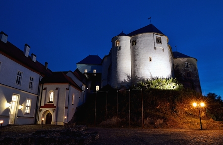SLOVENSKA LUPCA, SLOVAKIA - AUGUST 12, 2017: Night view of Lupca castle in the middle of Slovakia, near Banska Bystrica. Historical residence after extensive repair.のeditorial素材