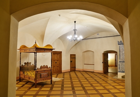 SLOVENSKA LUPCA, SLOVAKIA - AUGUST 12, 2017: Night view of Lupca castle in the middle of Slovakia, near Banska Bystrica. Historical residence after extensive repair. Castle interior expositionのeditorial素材