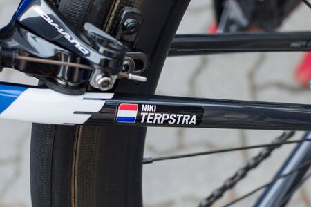 RUZOMBEROK, SLOVAKIA - SEPTEMBER 14, 2018: Niki Terpstra bicycle detail before third stage of road cycling championship - Tour of Slovakiaのeditorial素材