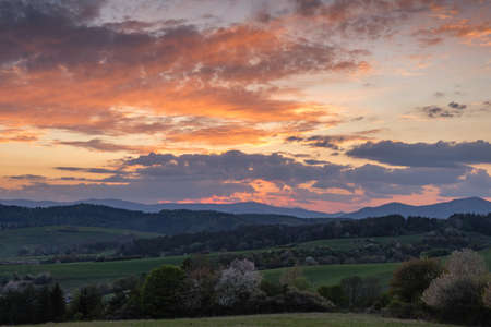 Spring landscape with trees, fields and meadows in Polana region, Slovakia. Wavy country scenery at sunset.の写真素材