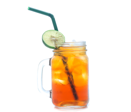 jar glass of iced tea with lemons  isolated on a white backgroundの写真素材