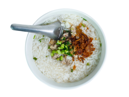 Boiled rice pork  isolated on whiteの写真素材
