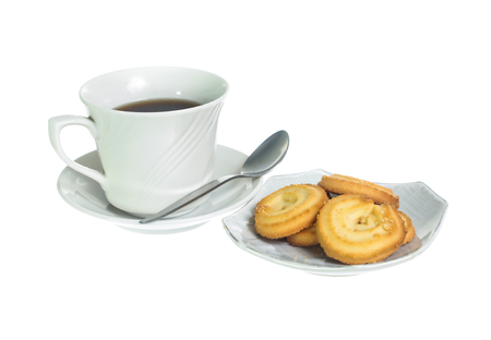 cup of coffee and cookies isolated on whiteの写真素材