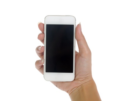 Hand with mobile smart phone Isolated on white backgroundの写真素材