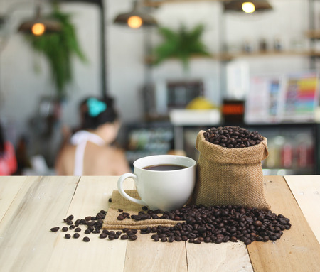Hot Coffee cup  on the wooden tableの写真素材