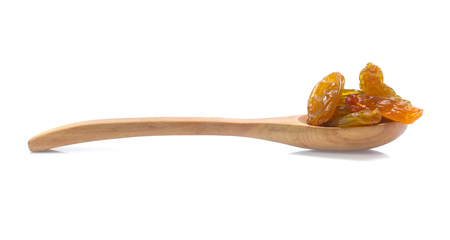 Organic gold dried Raisins isolated on white backgroundの写真素材