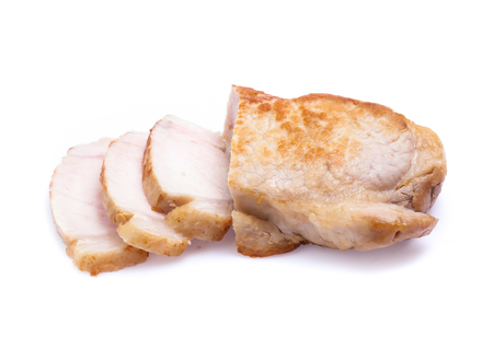 roasted pork slices isolated on white backgroundの写真素材