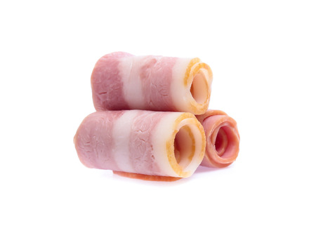 Fresh sliced bacon on white backgroundの写真素材
