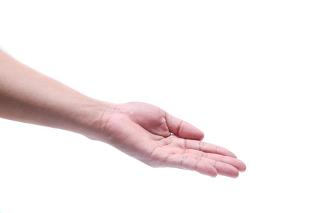 Hands holding euro bills isolated on whiteの写真素材