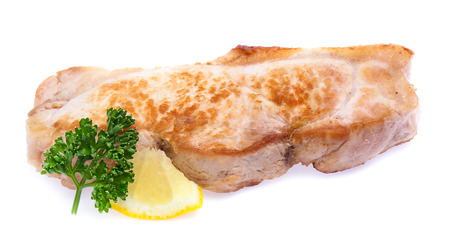 Roasted pork slices isolated on whiteの写真素材