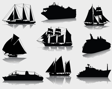 Black silhouettes and shadows of ships, vectorのイラスト素材