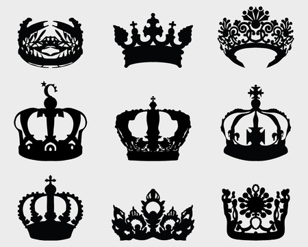 Big set of black silhouettes of different crowns, vectorのイラスト素材