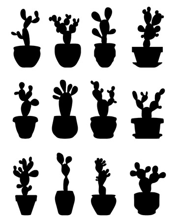 Black silhouettes of cactus at potted, vectorのイラスト素材